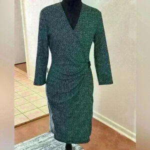 Anne Klein Black & White Wrap Around Long Sleeve Midi Dress